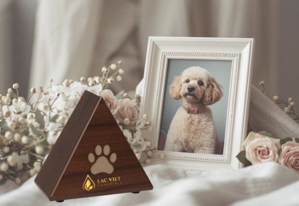 Engraved Paw Wooden Pyramid Urn for Poodle