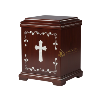 Wooden Urn for Ashes with Mother of Pearl Inlay Cross