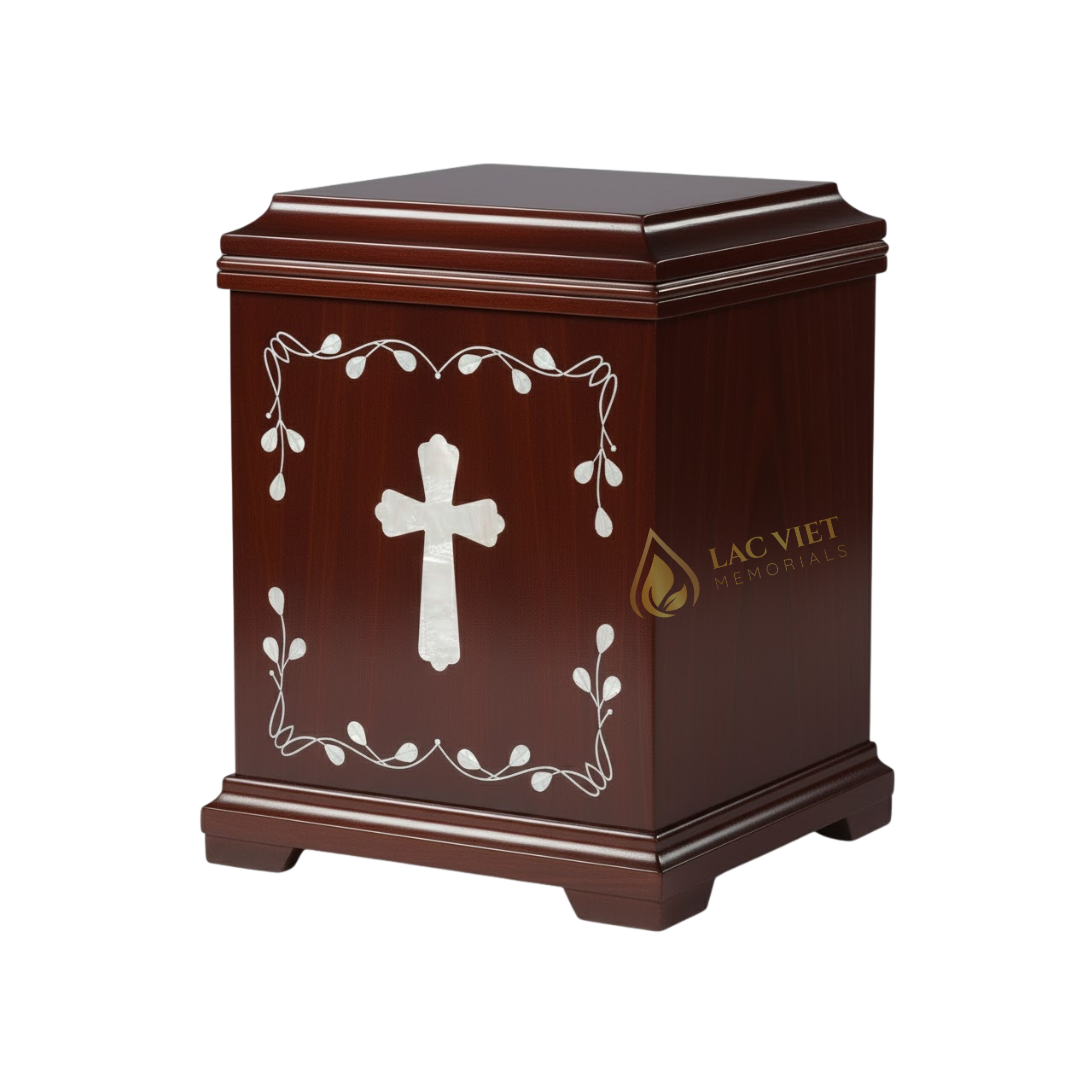 LVU25-16102 Wooden Urn for Ashes with Mother of Pearl Inlay Cross
