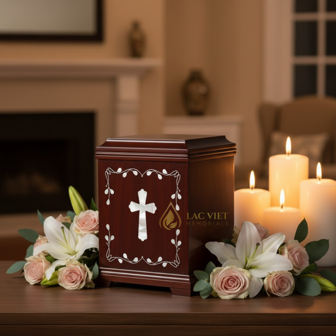 Wooden Urn for Ashes with Mother of Pearl Inlay Cross