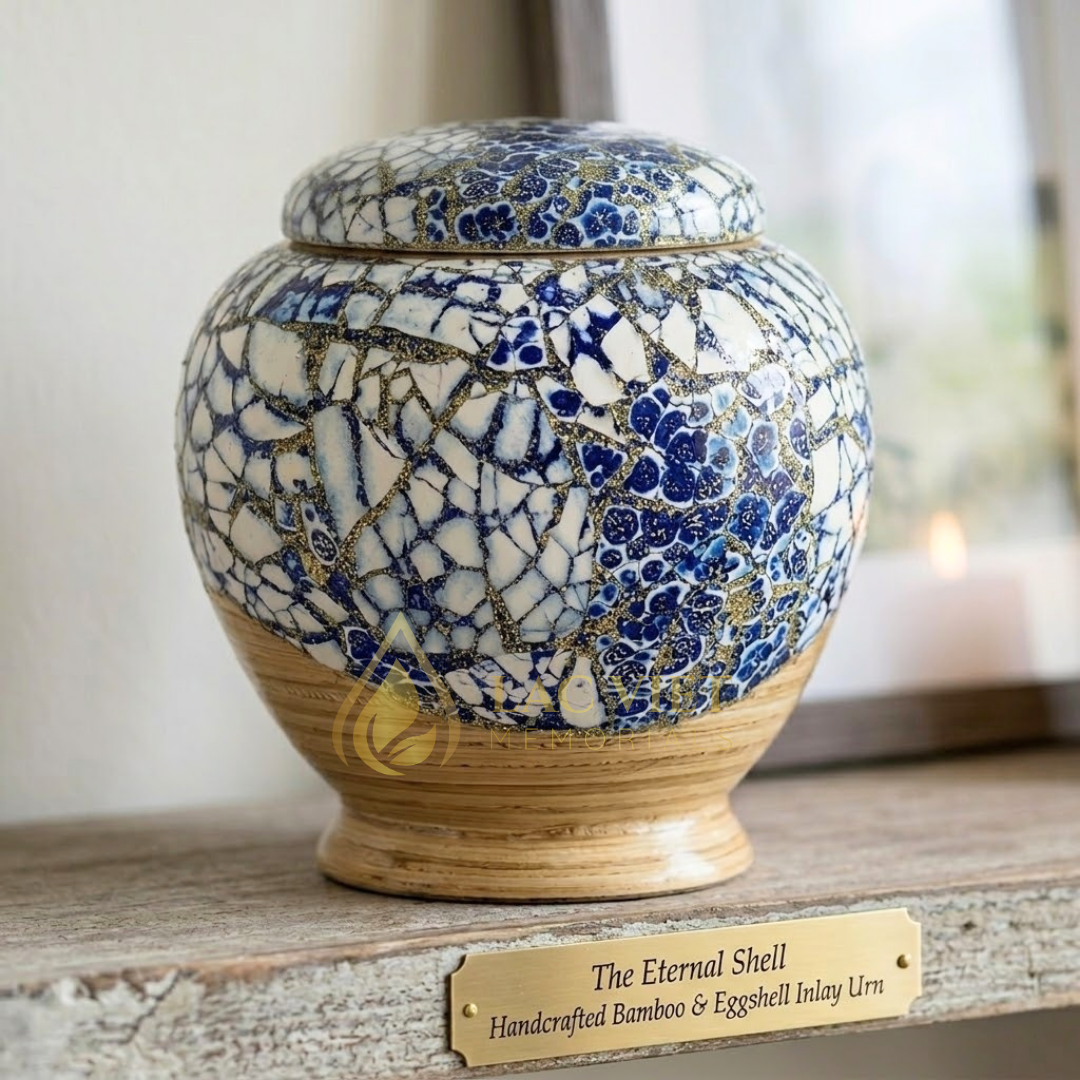 Spun Bamboo Blue Mosaic Eggshell Inlay Cremation Urn For Human