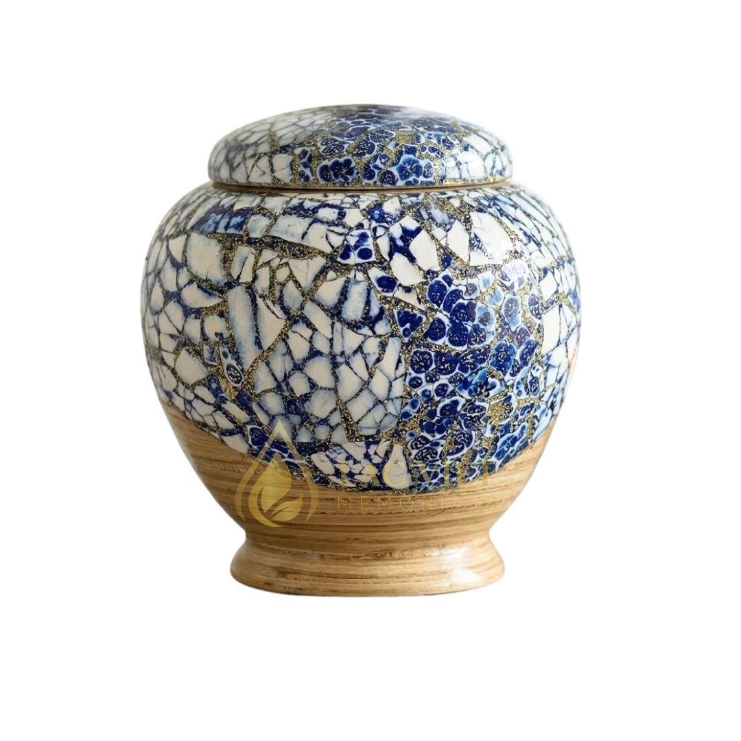 LVBU26-441 Spun Bamboo Blue Mosaic Eggshell Inlay Cremation Urn For Human